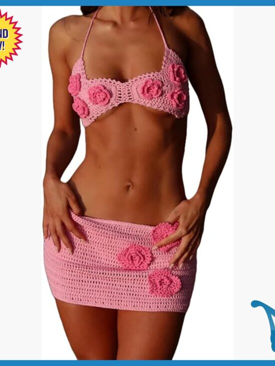 Other - Polyester Crochet Cover Up Set with Mini Skirt, Beach Vacation Outfit